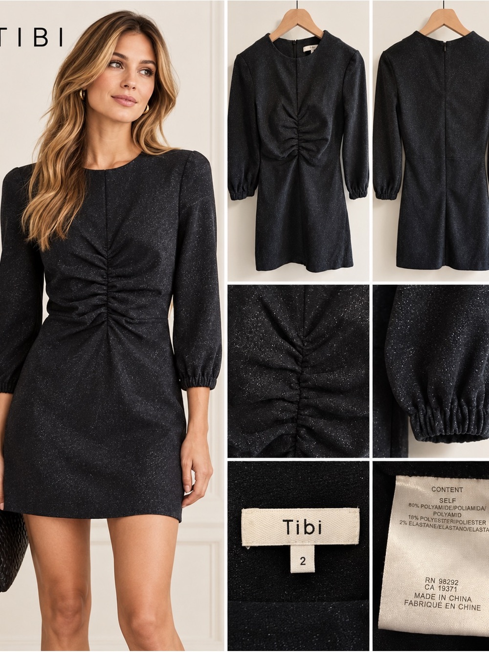 Tibi Black & Cobalt Blue Flecked Ruched Mini Dress Size 2